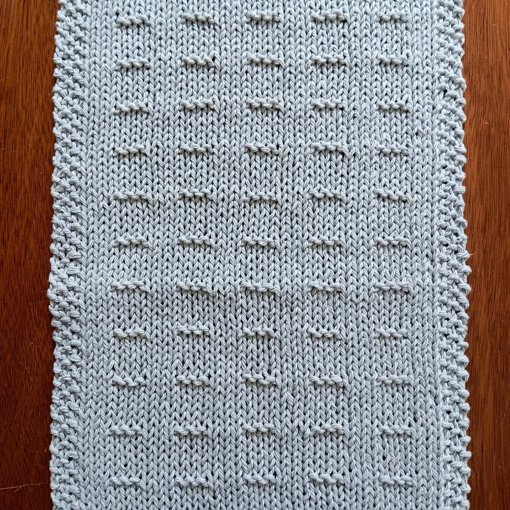 Hand Crafted Hand Knit Light Silver Gray Textured Dash Stripe Cotton Hand Towel